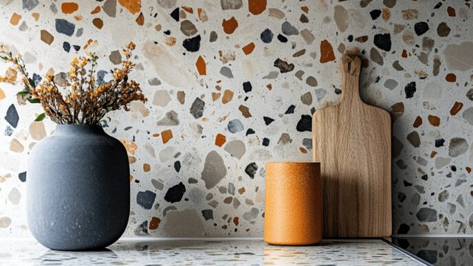 Innovación en cerámicos: Encimera con diseño de terrazo multicolor, jarrón gris con flores secas y tabla de madera. Futuro sustentable.