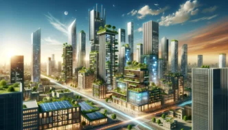 venue/architecture
Ciudad futurista con edificios altos y vegetación. Arquitectura sostenible en México. Diseño urbano innovador para el sector de real estate.