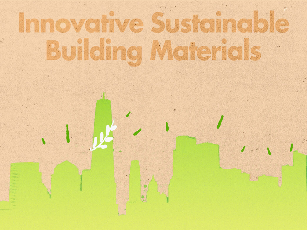 Ilustración de skyline con materiales verdes. Innovación en construcción sostenible con edificios ecológicos y diseño urbano eco-friendly. 124 char