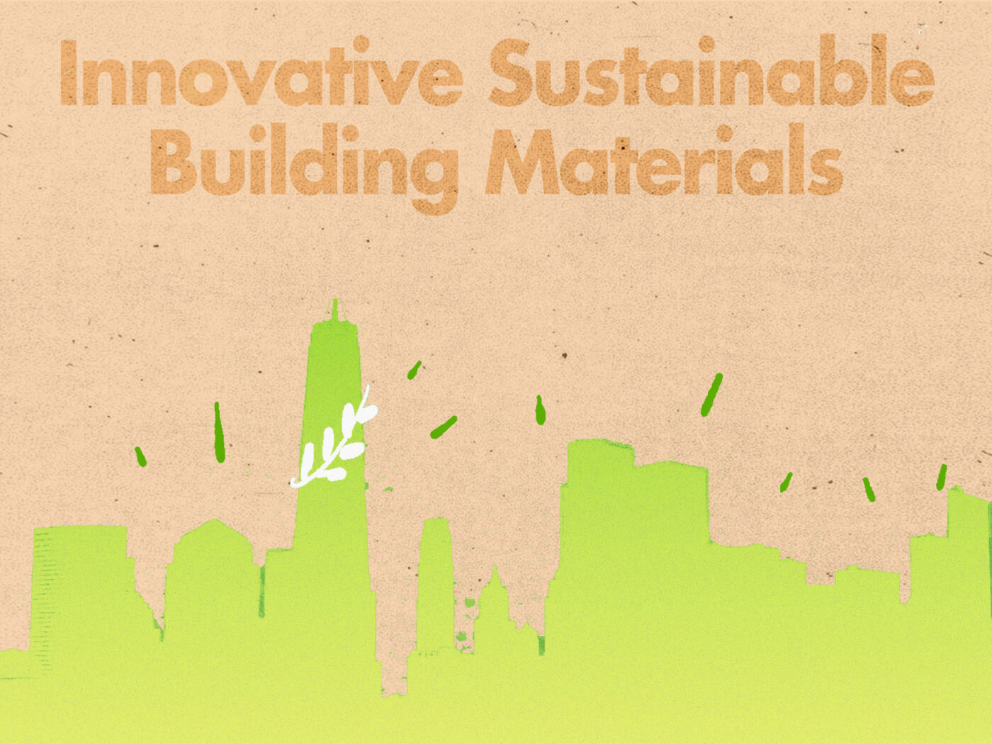 Ilustración de skyline con materiales verdes. Innovación en construcción sostenible con edificios ecológicos y diseño urbano eco-friendly. 124 char