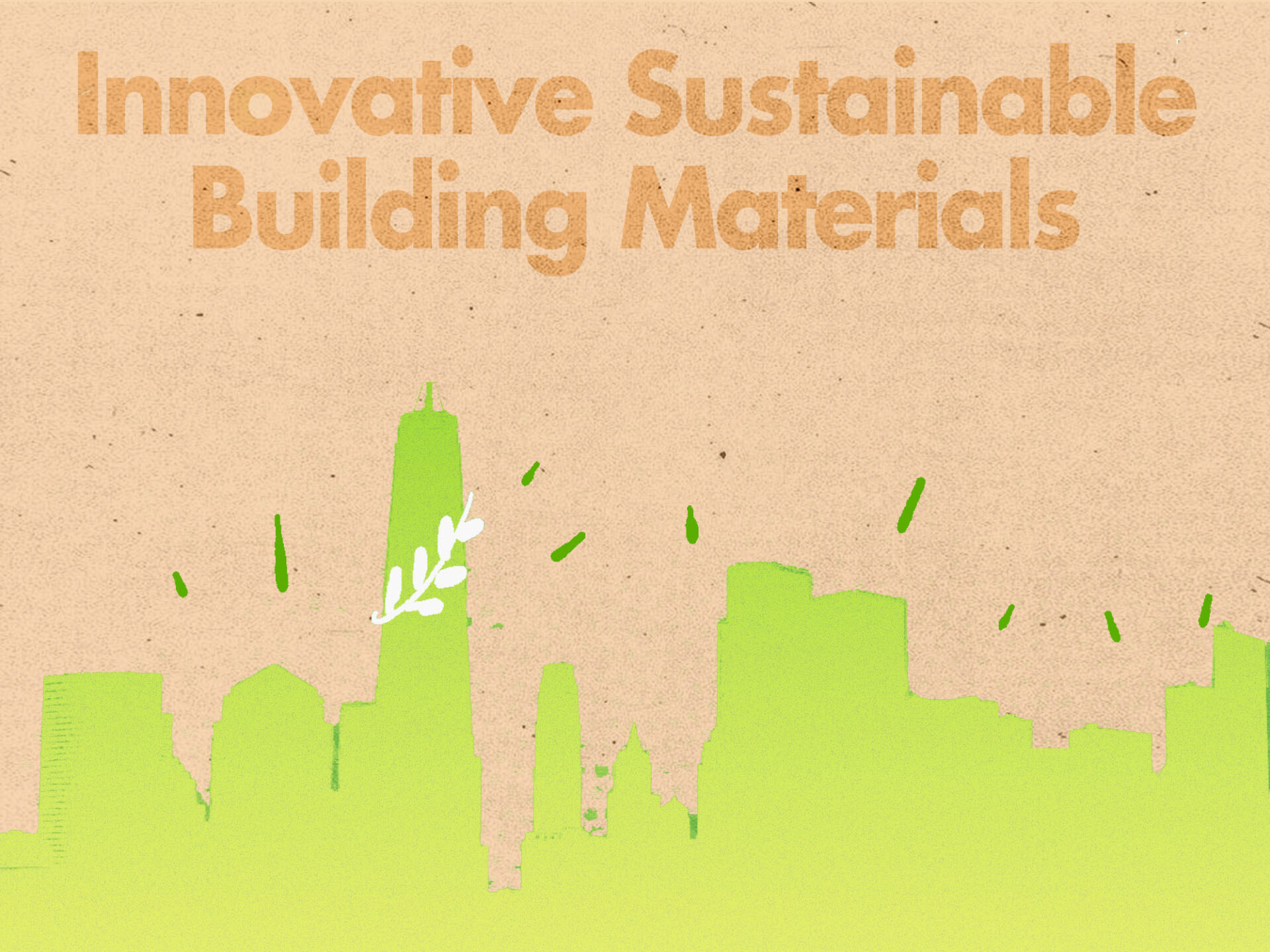 Ilustración de skyline con materiales verdes. Innovación en construcción sostenible con edificios ecológicos y diseño urbano eco-friendly. 124 char