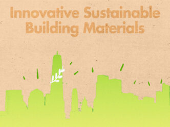 Ilustración de skyline con materiales verdes. Innovación en construcción sostenible con edificios ecológicos y diseño urbano eco-friendly. 124 char