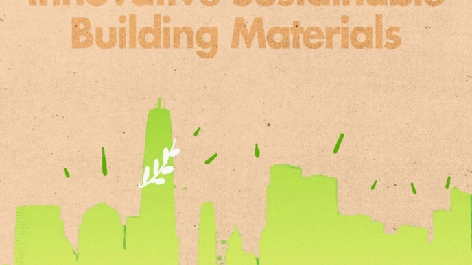 Ilustración de skyline con materiales verdes. Innovación en construcción sostenible con edificios ecológicos y diseño urbano eco-friendly. 124 char