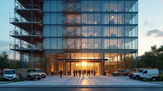 Edificio moderno en Monterrey con andamios, reflejando integración vertical en real estate y construcción. Grupo de personas entrando al edificio.