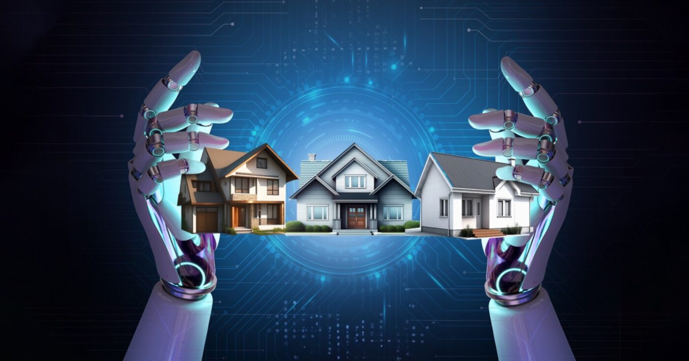 Manos robóticas sostienen casas: Inteligencia Artificial en Real Estate de Lujo. Innovación tecnológica para el futuro del sector inmobiliario.