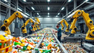 Reciclaje en Twin Cities impulsado por inteligencia artificial: brazos robóticos separando residuos en una planta moderna. Innovación y sostenibilidad.