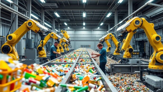 Reciclaje en Twin Cities impulsado por inteligencia artificial: brazos robóticos separando residuos en una planta moderna. Innovación y sostenibilidad.