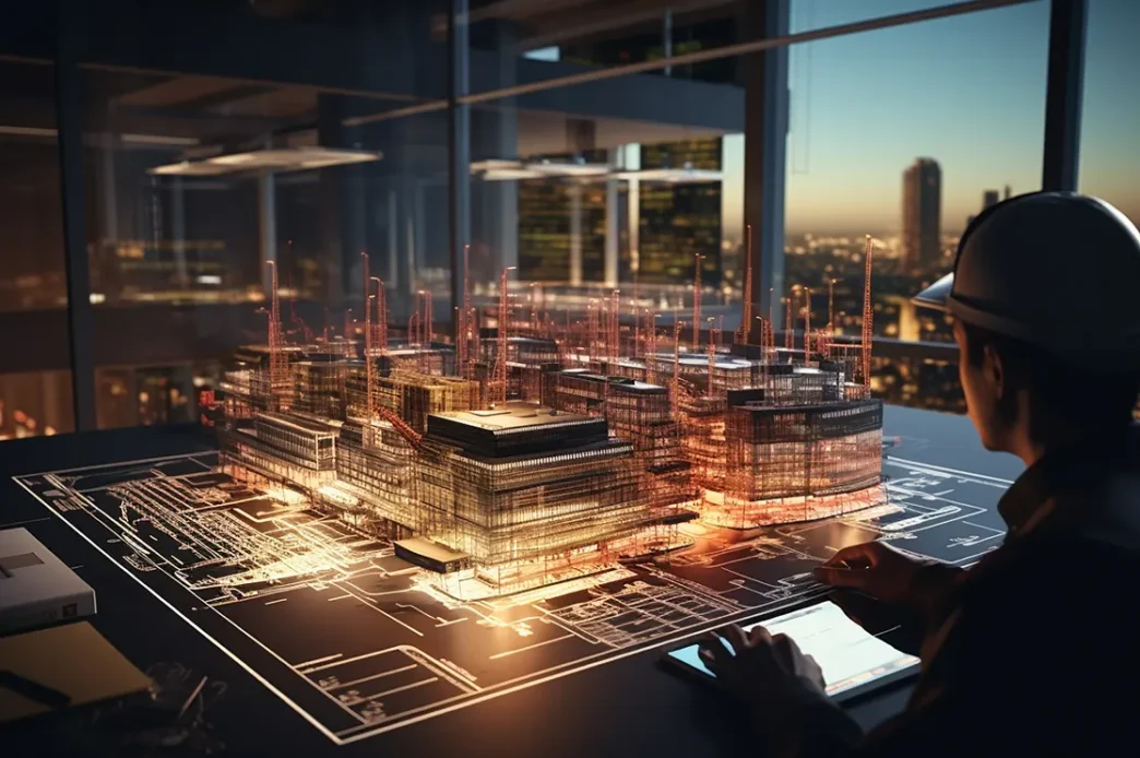 Representación BIM con IA: Arquitecto revisa modelo digital de edificio con Inteligencia Artificial. Real Estate transformado con visualización avanzada.