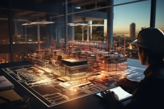 Representación BIM con IA: Arquitecto revisa modelo digital de edificio con Inteligencia Artificial. Real Estate transformado con visualización avanzada.