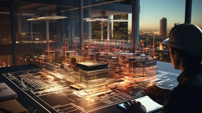 Representación BIM con IA: Arquitecto revisa modelo digital de edificio con Inteligencia Artificial. Real Estate transformado con visualización avanzada.
