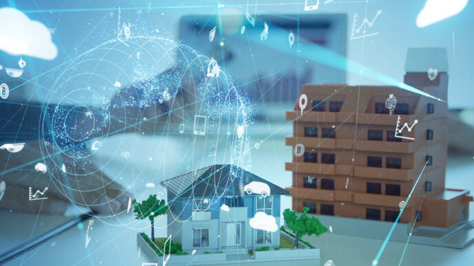 Concepto de inteligencia artificial en bienes raíces. Modelos de casas con tecnología digital. Inmobiliare Summits.