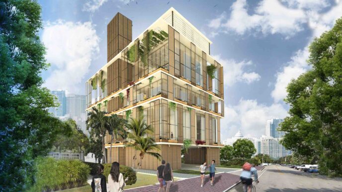 Venue/architecture.
Diseño arquitectónico moderno en Inmobiliare Summits, evento real estate en LATAM. Edificio con vegetación, reflejo de innovación en la ciudad.