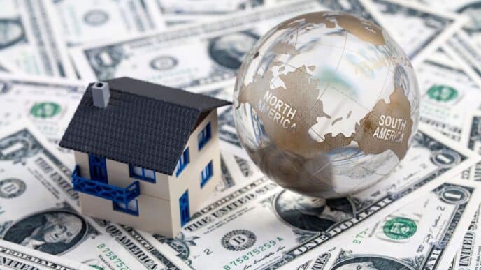 Conceptual image: Inversión inmobiliaria en LATAM. Casa y globo terráqueo sobre dólares. Expansión de Starling Properties en Latinoamérica.