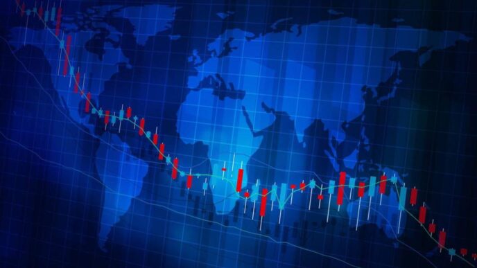 Gráfico de velas sobre mapa mundial azul. Análisis de mercado en conferencia Inmobiliare Summits LATAM. Real estate.