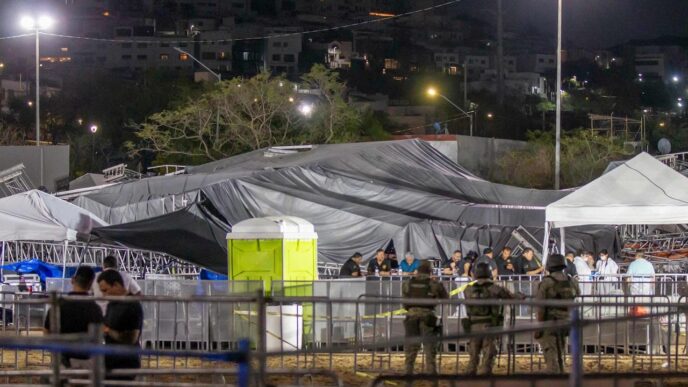 Miguel Treviño, alcalde de San Pedro, supervisa evento nocturno. Vallas metálicas, carpas y seguridad presentes. Iluminación artificial intensa.