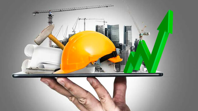 Venue/Architecture.

Mano sostiene tablet con casco, planos, flecha ascendente y grúas. Representa el crecimiento del sector de bienes raíces en México. Inmobiliare Summits.