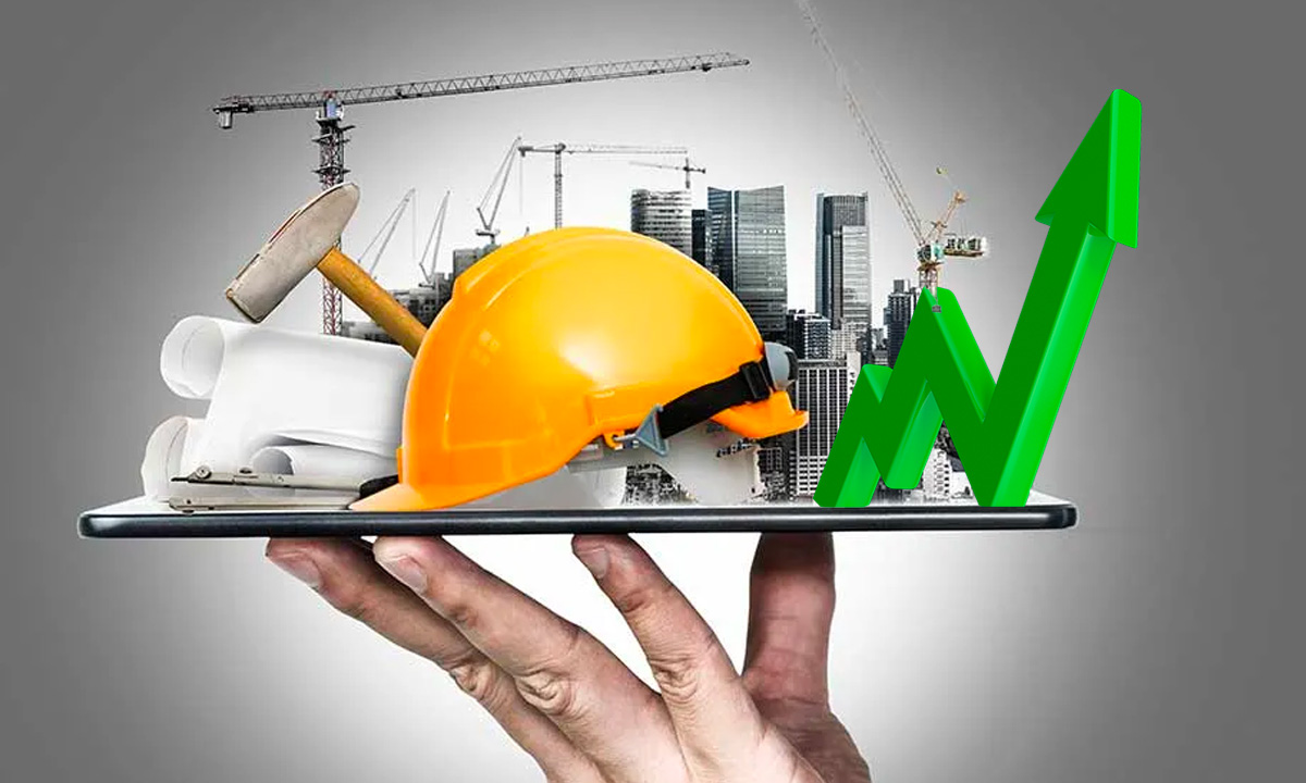 Venue/Architecture.

Mano sostiene tablet con casco, planos, flecha ascendente y grúas. Representa el crecimiento del sector de bienes raíces en México. Inmobiliare Summits.