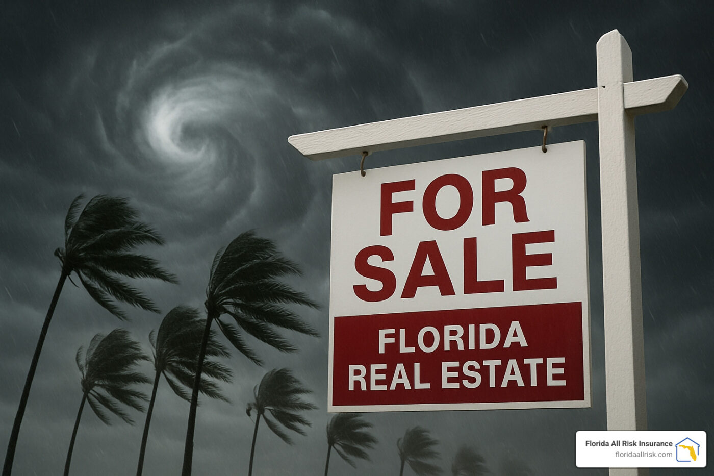 Inversión en seguros impulsa mercado inmobiliario en Florida: Señal de 'Se Vende' con tormenta, enfatizando la importancia del seguro.