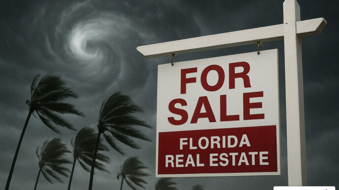 Inversión en seguros impulsa mercado inmobiliario en Florida: Señal de 'Se Vende' con tormenta, enfatizando la importancia del seguro.