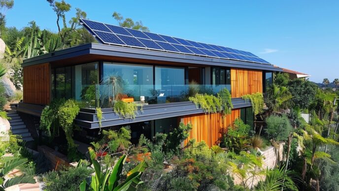 Casa moderna con paneles solares en el tejado, rodeada de vegetación. Inversión sostenible en energías renovables para Real Estate. Diseño ecológico.
