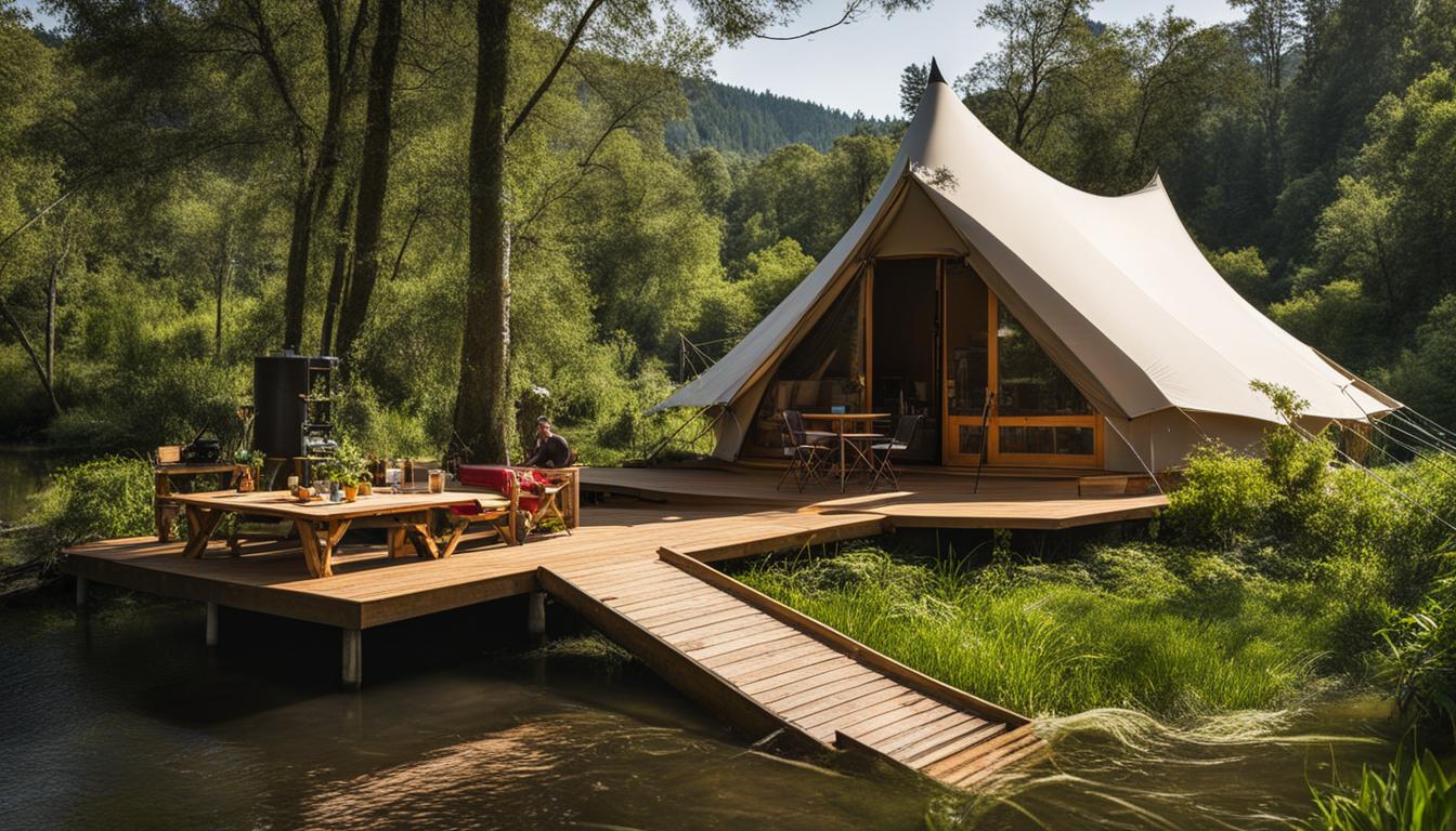 Ecológico glamping de lujo, inversión sostenible: tienda de campaña sobre plataforma de madera junto al río, mesas para disfrutar del entorno.