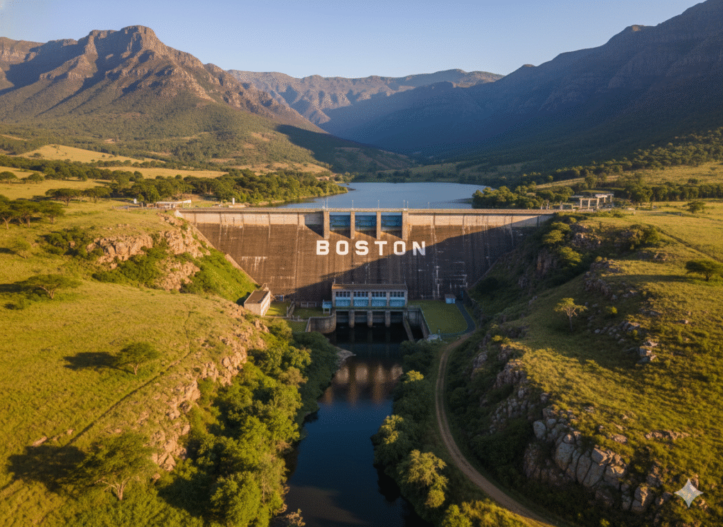 Growthpoint invierte en energía hidroeléctrica: vista aérea de la presa Boston rodeada de montañas y vegetación. Inversión sostenible y renovable.