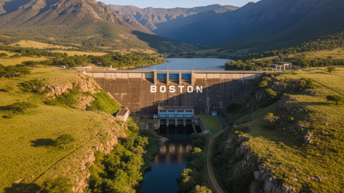Growthpoint invierte en energía hidroeléctrica: vista aérea de la presa Boston rodeada de montañas y vegetación. Inversión sostenible y renovable.