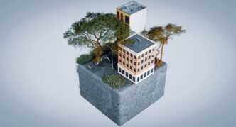 Modelo 3D de inversión sostenible: edificios y árboles en bloque de tierra. Transformando el valor inmobiliario con diseño ecológico innovador.