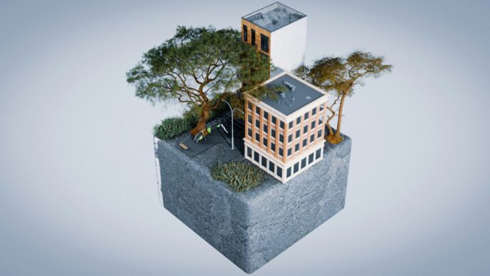 Modelo 3D de inversión sostenible: edificios y árboles en bloque de tierra. Transformando el valor inmobiliario con diseño ecológico innovador.