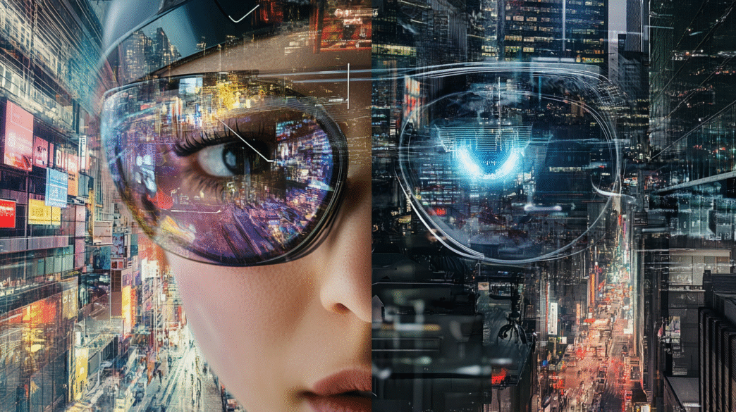 Mujer con smart glasses que reflejan una ciudad futurista, mostrando inversión visionaria en tecnología y el auge de la realidad aumentada.