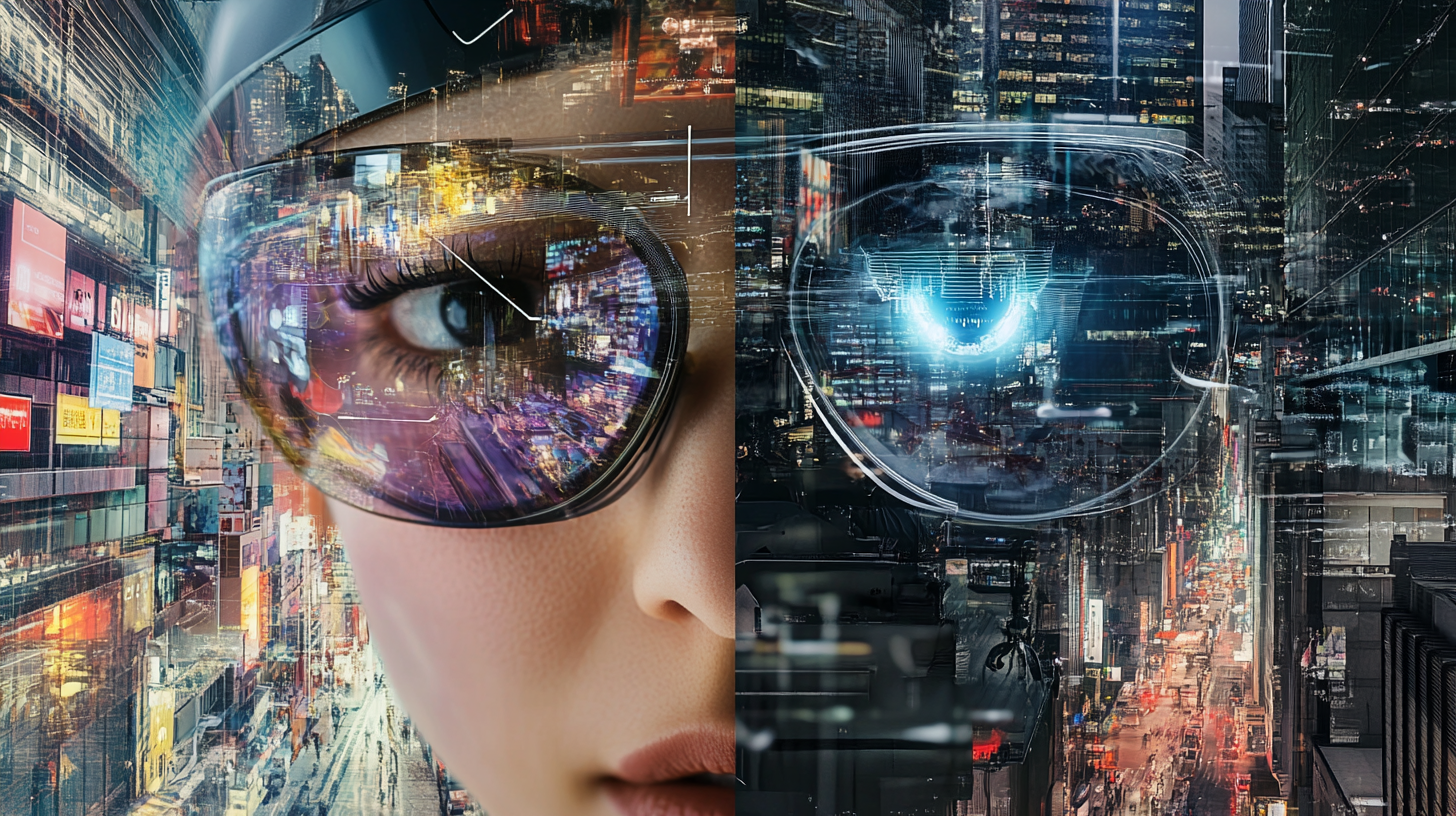 Mujer con smart glasses que reflejan una ciudad futurista, mostrando inversión visionaria en tecnología y el auge de la realidad aumentada.