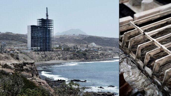 Inversiones costeras: Edificio en construcción en Tijuana, Rosarito y Ensenada, con vista al mar y detalle de estructura metálica.