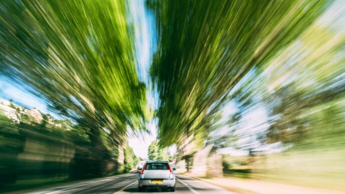 Coche en movimiento rápido por carretera arbolada, simbolizando el impulso de inversiones sostenibles en infraestructura para mercados emergentes. 125 chr