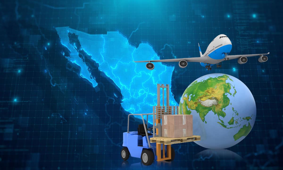 Sponsors/branding.

Representación digital del comercio global en México y LATAM. Un avión y montacargas simbolizan la logística en la ciudad.