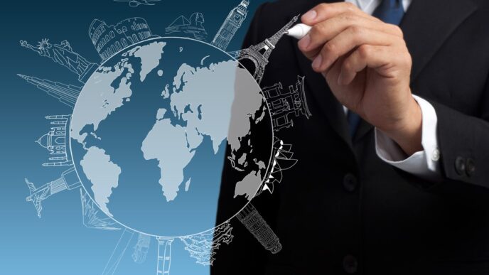 Ilustración conceptual de expansión global en Inmobiliare Summits. Un hombre dibuja monumentos mundiales en un globo. Inversión LATAM en México.