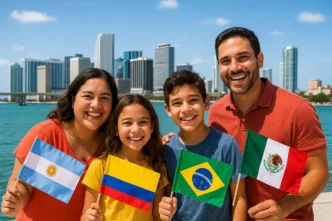 Familia latina sonríe en Florida con banderas de Argentina, Colombia, Brasil y México. Inversionistas latinoamericanos interesados en ciudades de Florida.