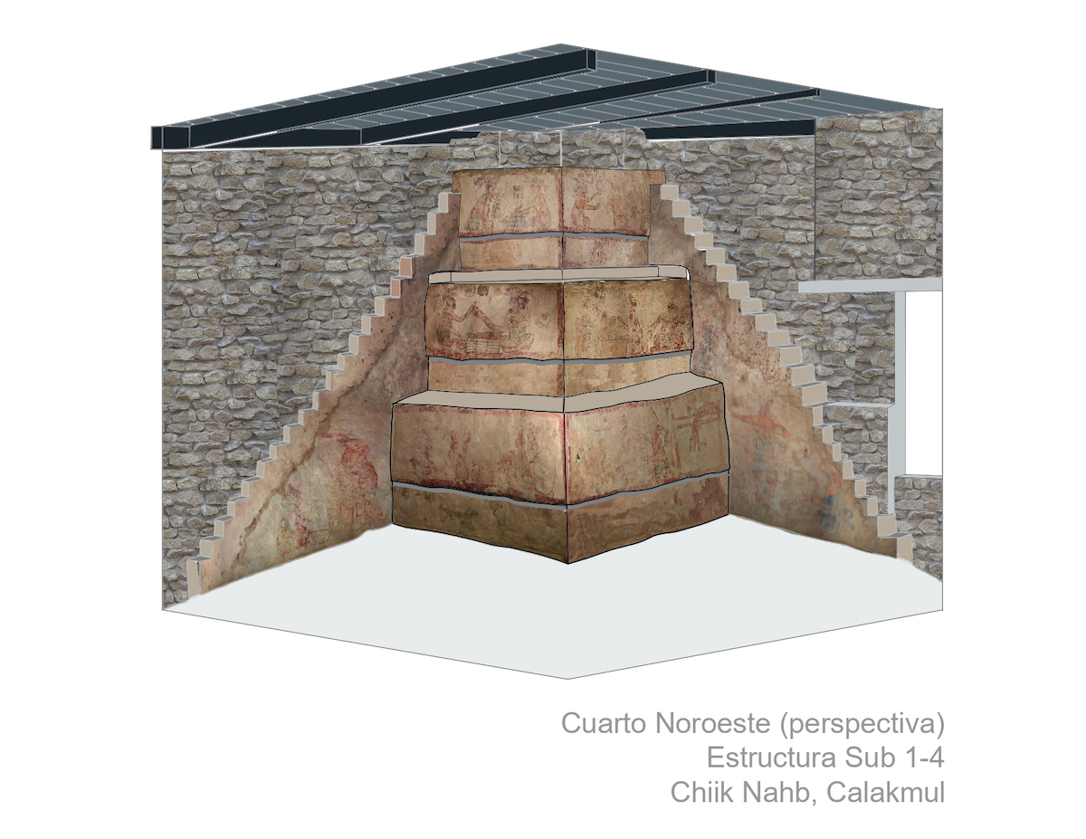 Perspectiva del Cuarto Noroeste, Estructura Sub 1-4, Chiik Nahb, Calakmul. Avance del nuevo museo en Chichen Itzá. Inmobiliare Summits México.