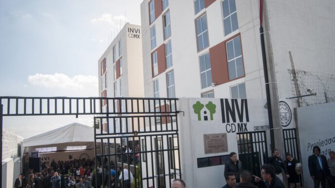 Fachada de INVI CDMX en evento de apoyo a rentas. Edificio moderno en la ciudad, clave para el sector real estate. Conferencia Inmobiliare.