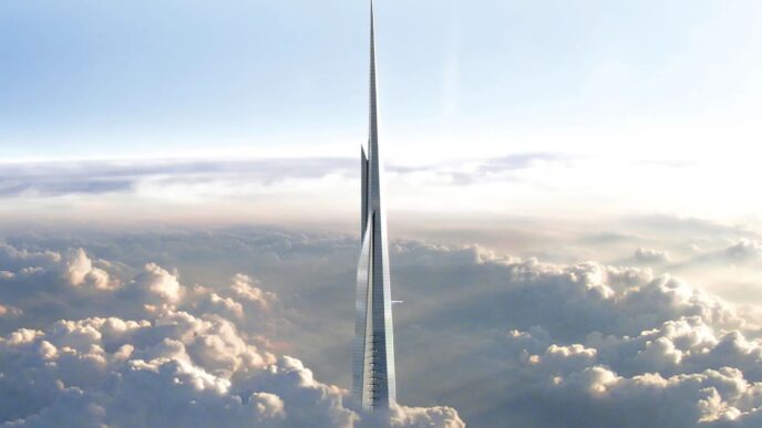 Renderización de la Jeddah Tower, un rascacielos que superará al Burj Khalifa. Arquitectura moderna emergiendo entre las nubes. Diseño innovador.