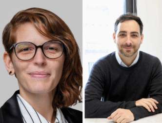 Keyway lanza IA: Retratos de líderes del sector inmobiliario. Mujer con gafas y hombre sonriendo. Innovación tecnológica en bienes raíces.