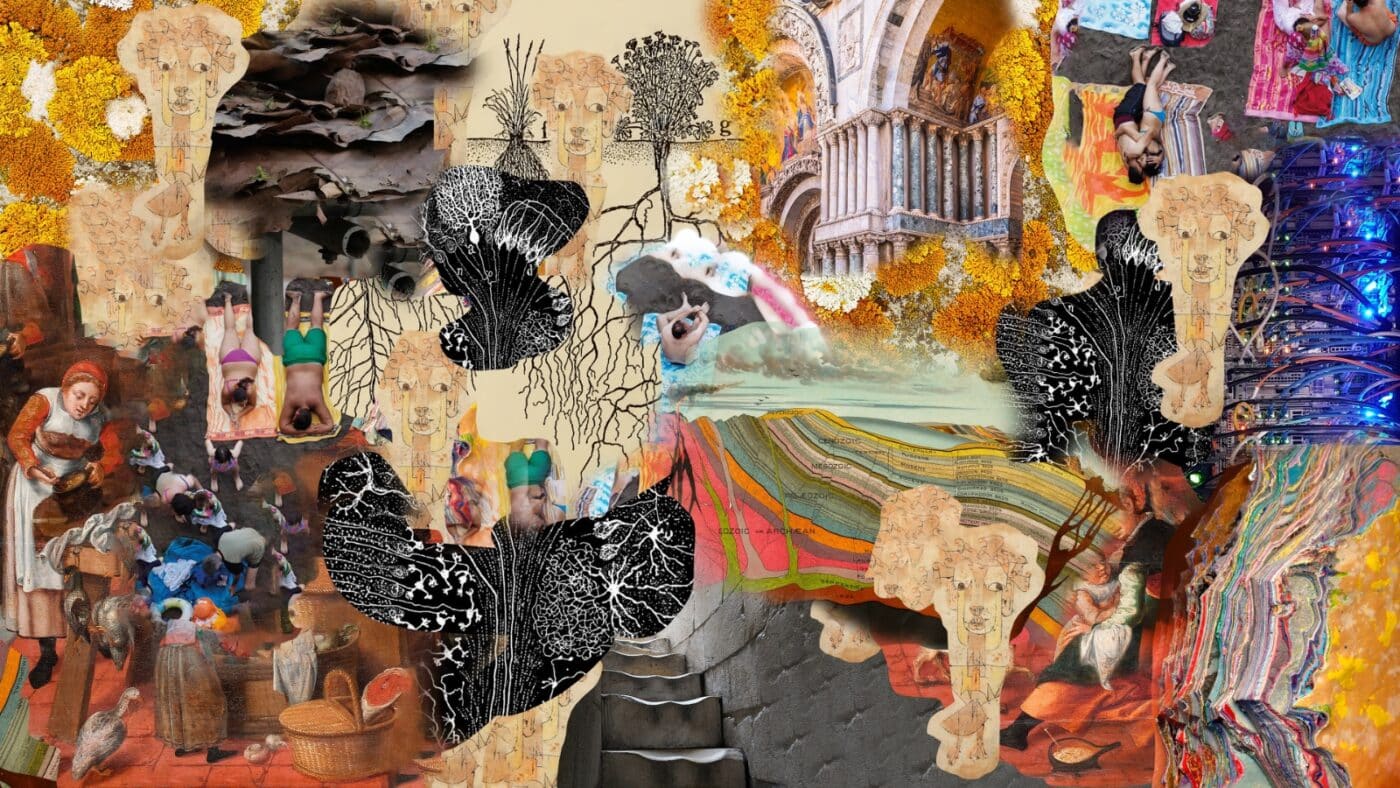 Collage artístico que representa la arquitectura como motor de cambio con elementos diversos, texturas y simbolismos complejos. Diseño conceptual.