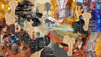 Collage artístico que representa la arquitectura como motor de cambio con elementos diversos, texturas y simbolismos complejos. Diseño conceptual.