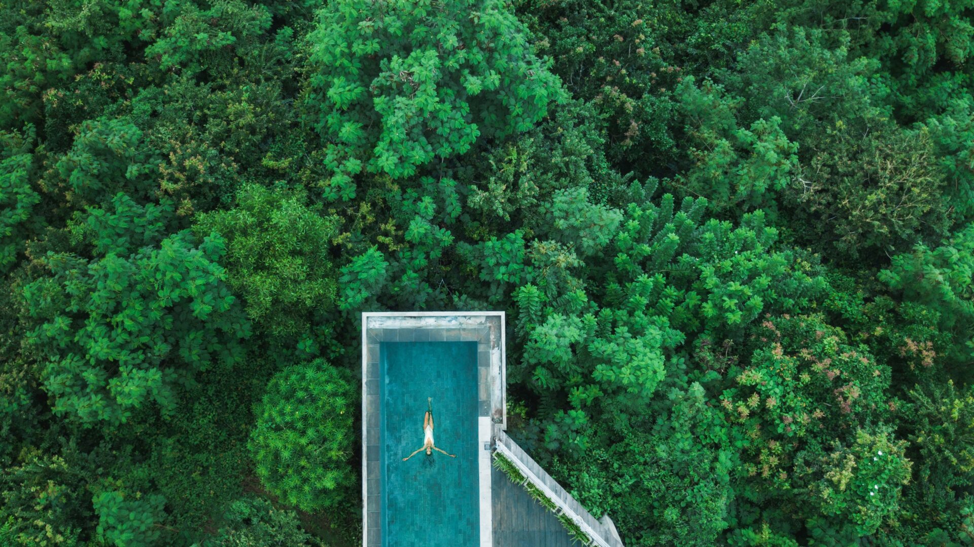 Vista aérea de piscina rodeada de vegetación exuberante, fusionando lujo y sostenibilidad en la arquitectura. Diseño moderno y armonía con la naturaleza.