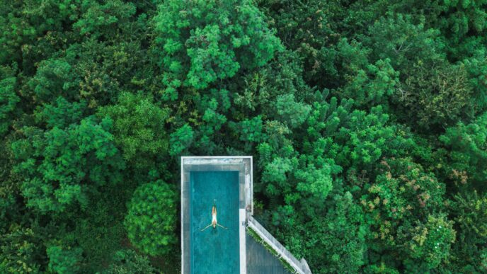 Vista aérea de piscina rodeada de vegetación exuberante, fusionando lujo y sostenibilidad en la arquitectura. Diseño moderno y armonía con la naturaleza.