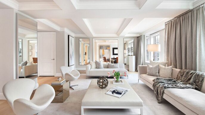 Interior de sala de estar de lujo. Sofás claros, sillas de diseño y espejos amplían el espacio. Arquitectura del lujo en real estate con luz natural.