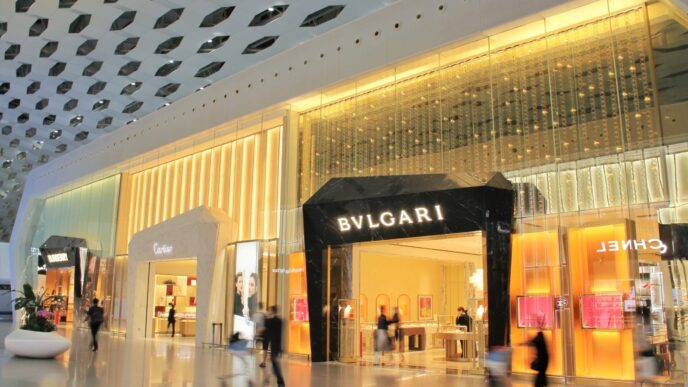 Fachadas de tiendas de lujo como Bvlgari, Cartier y Chanel en China. Arquitectura moderna impulsa el mercado del lujo con diseño exclusivo y atractivo.