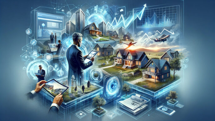 Visualización de automatización de pruebas en el sector inmobiliario: ejecutivos, casas, gráficos y tecnología digital para optimizar procesos.