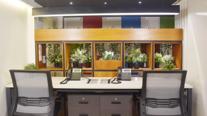 Venue en Inmobiliare Summits, conferencia de real estate. Diseño interior moderno con escritorios y plantas en el espacio de trabajo.