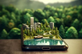 Visualización de la eficiencia energética en Real Estate: Ciudad en miniatura sobre un smartphone, reflejando el futuro sostenible. 125 char