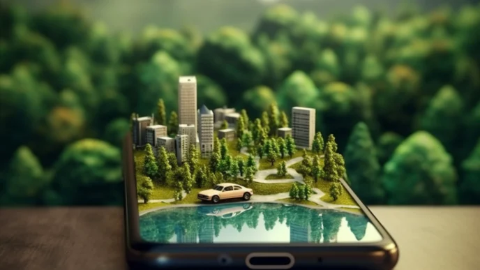 Visualización de la eficiencia energética en Real Estate: Ciudad en miniatura sobre un smartphone, reflejando el futuro sostenible. 125 char